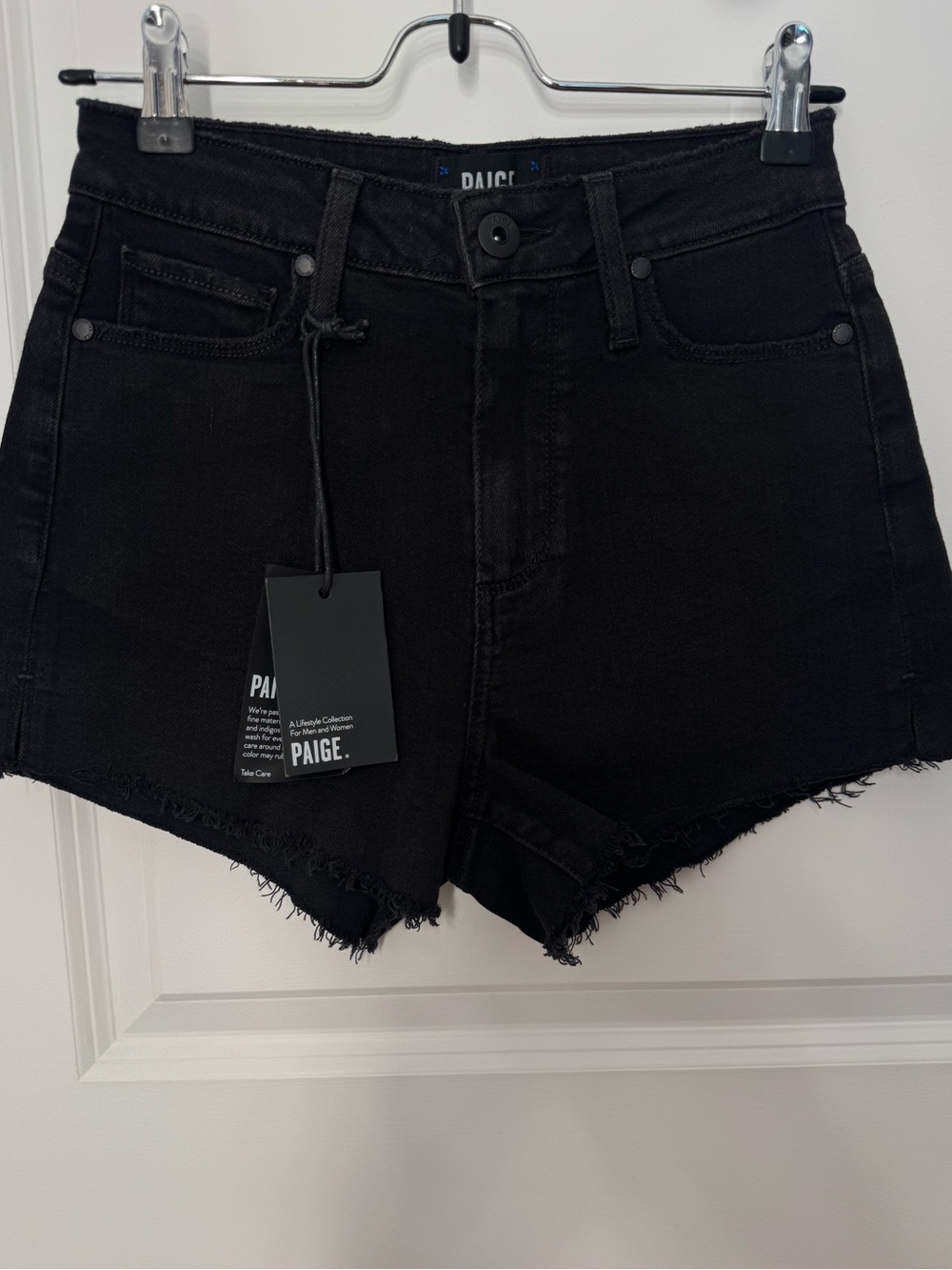 PAIGE Black High-Rise Frayed Hem Jean Shorts